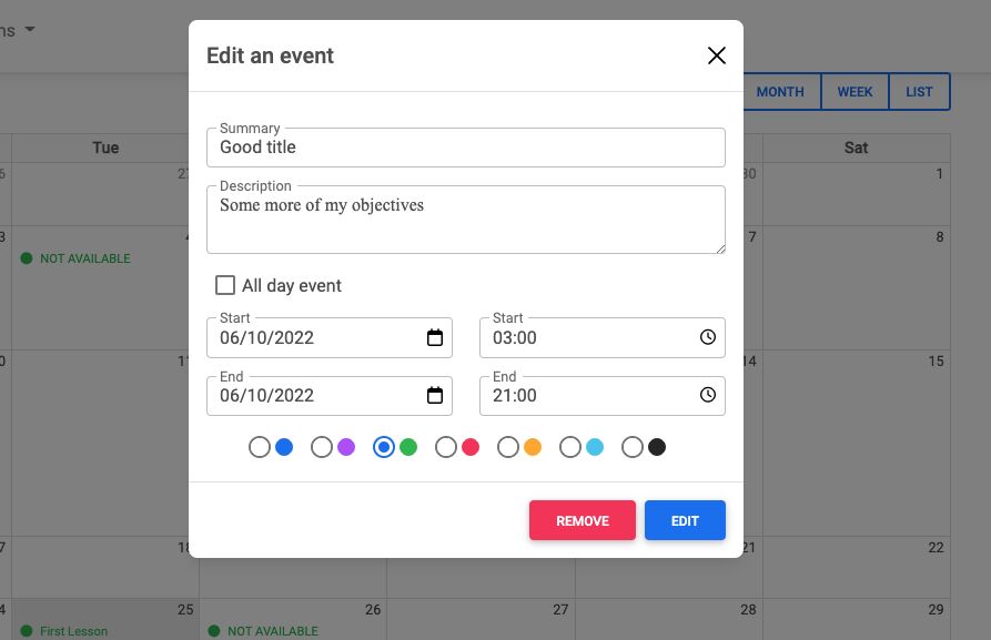 Default event edit dialog
