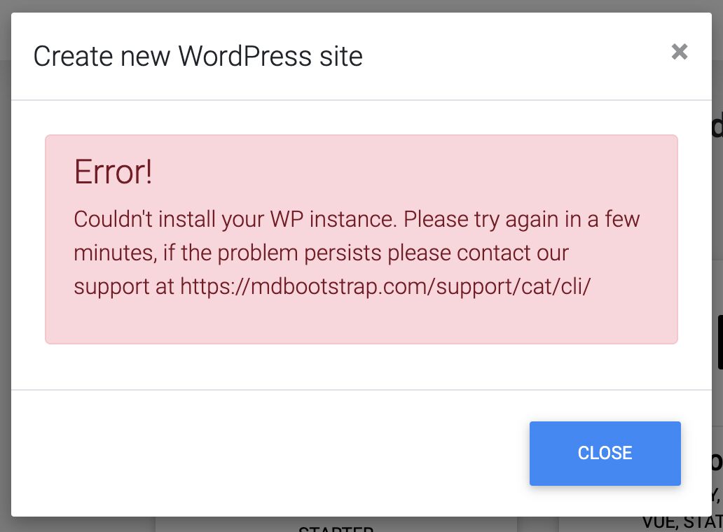 Error when creating new Wordpress site