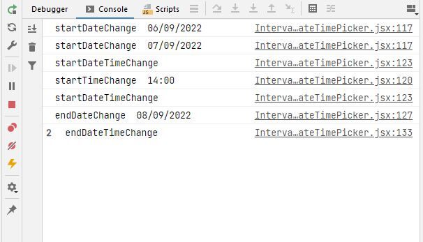In the following images, the console logs generated when changing date and time on both datetimepickers: